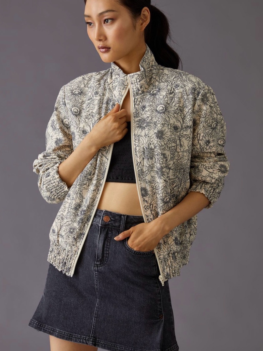 MOTHER Floral Zip-Up Jacket in Cream and Black